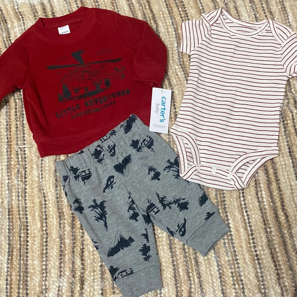 Carters Baby Boy Helicopter Mountain Sweatshirt Pants Onesie Outfit Set 3M